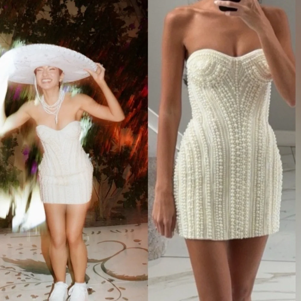🆕 RETROFETE Deema Pearl Embellished Strapless Crepe Mini Dress Ivory Sz S - Picture 1 of 12
